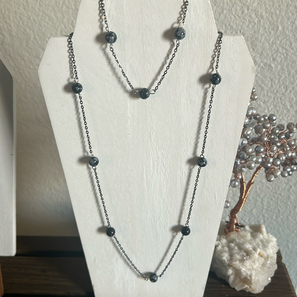 New Hand Crafted Snowflake Obsidian Stone Bead Station Necklace Bracelet Set